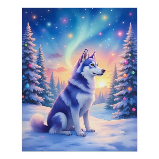Siberian Husky Northern Lights Christmas Winter ポスター (正面)