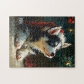 Siberian Husky Puppy Christmas Painting ジグソーパズル (横)