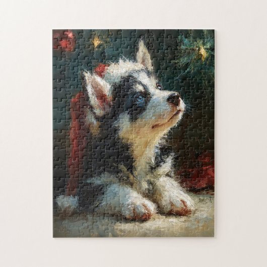 Siberian Husky Puppy Christmas Painting ジグソーパズル (縦)