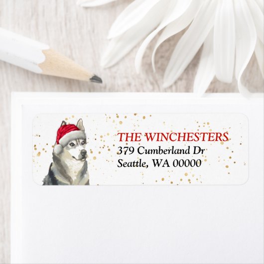 Siberian Husky Santa Hat Address Label ラベル (インサイチュ)