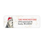 Siberian Husky Santa Hat Address Label ラベル<br><div class="desc">The left side of these return address labels features a beautiful Husky Dog wearing a red and white Santa Claus hat. Gold confetti gives a subtle sparkle to the background.  Your custom text is in red and black at the right.</div>