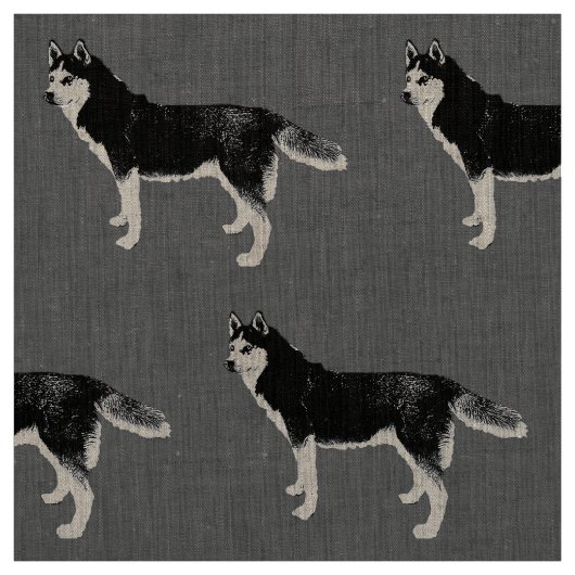 Siberian Husky schwarz weiß stehend Muster ファブリック (見本)