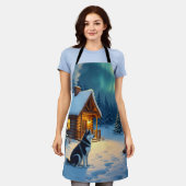 Siberian Husky Snowy Cabin Christmas Painting エプロン (着用した状態)