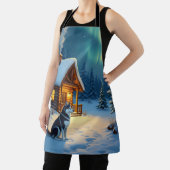 Siberian Husky Snowy Cabin Christmas Painting エプロン (インサイチュ)