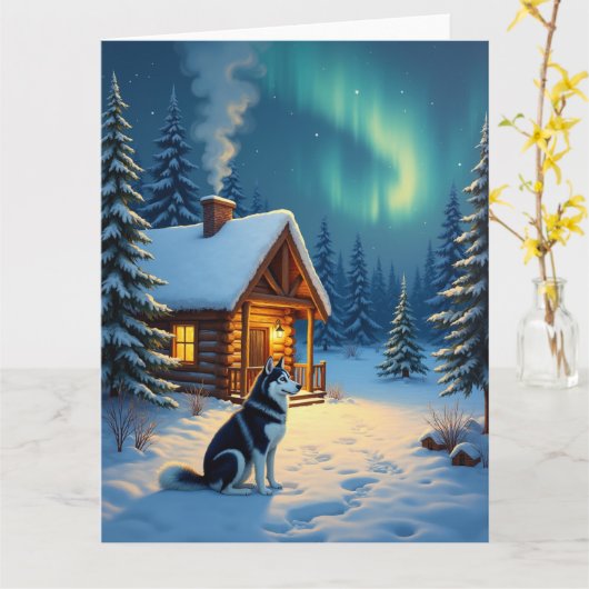 Siberian Husky Snowy Cabin Christmas Painting カード (黄色い花)