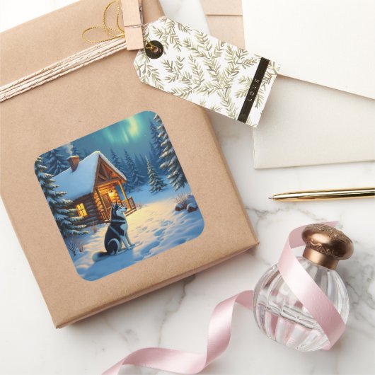 Siberian Husky Snowy Cabin Christmas Painting スクエアシール (ギフト)