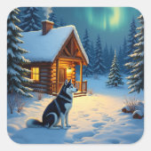 Siberian Husky Snowy Cabin Christmas Painting スクエアシール (正面)