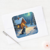 Siberian Husky Snowy Cabin Christmas Painting スクエアシール (封筒)