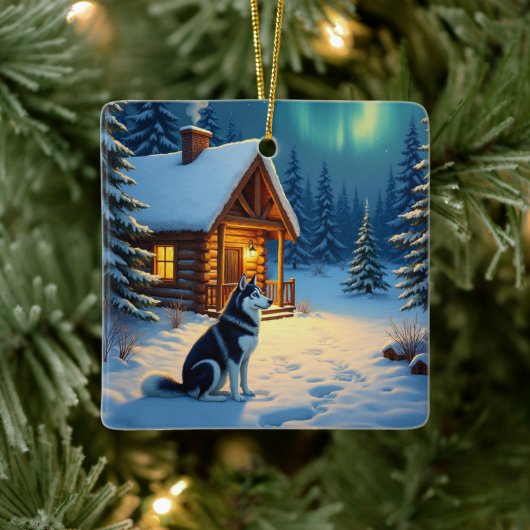 Siberian Husky Snowy Cabin Christmas Painting セラミックオーナメント (ツリー)