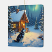 Siberian Husky Snowy Cabin Christmas Painting セラミックオーナメント (左)