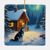 Siberian Husky Snowy Cabin Christmas Painting セラミックオーナメント (裏面)