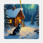 Siberian Husky Snowy Cabin Christmas Painting セラミックオーナメント (正面)