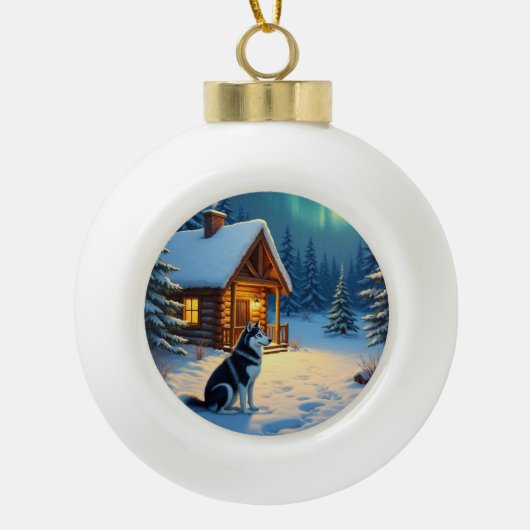 Siberian Husky Snowy Cabin Christmas Painting セラミックボールオーナメント (正面)