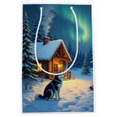Siberian Husky Snowy Cabin Christmas Painting ミディアムペーパーバッグ (正面)