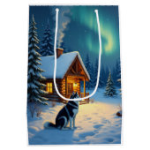 Siberian Husky Snowy Cabin Christmas Painting ミディアムペーパーバッグ (裏面)