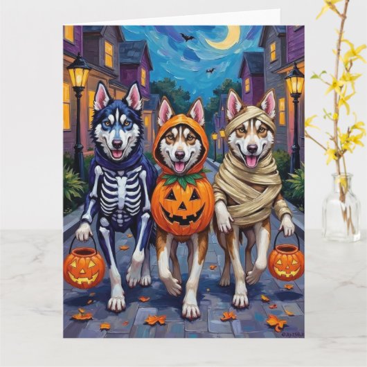 Siberian Husky Trick-or-Treating Halloween Costume カード (黄色い花)