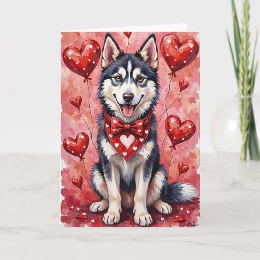 Siberian Husky Valentine Dog Sitting with Hearts カード (正面)