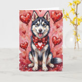 Siberian Husky Valentine Dog Sitting with Hearts カード (黄色い花)