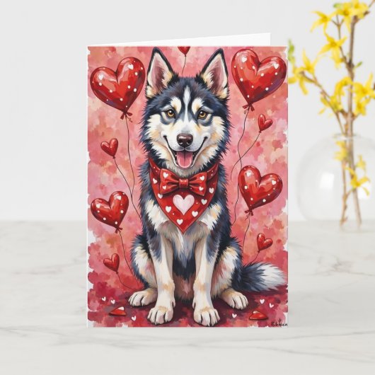 Siberian Husky Valentine Dog Sitting with Hearts カード (黄色い花)