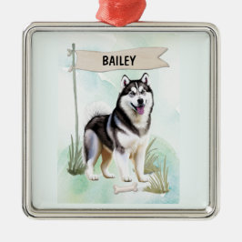 Siberian Husky Watercolor Personalized Dog メタルオーナメント