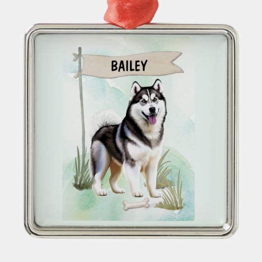 Siberian Husky Watercolor Personalized Dog メタルオーナメント (正面)