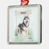 Siberian Husky Watercolor Personalized Dog メタルオーナメント (左)
