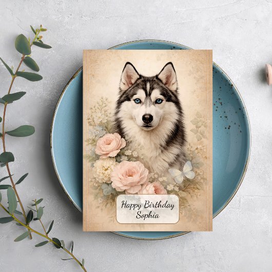 Siberian Husky with Roses カード