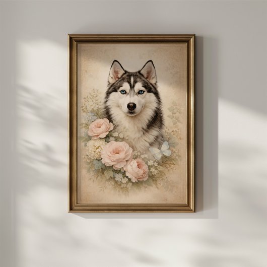 Siberian Husky with Roses ポスター