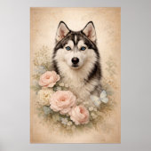 Siberian Husky with Roses ポスター (正面)