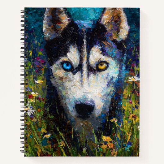 Siberian Husky with Wildflowers Portrait ノートブック (正面)