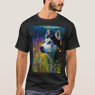 Siberian Husky with wildflowers Tシャツ