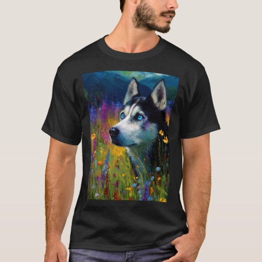 Siberian Husky with wildflowers Tシャツ (正面)