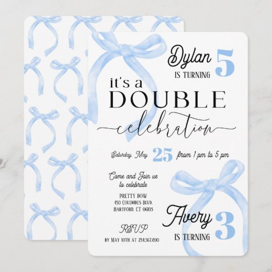 Siblings Double Birthday Blue Coquette 招待状 (正面/裏面)