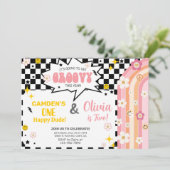 Siblings GROOVY boy and girl birthday invitation. 招待状 (スタンド正面)