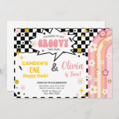 Siblings GROOVY boy and girl birthday invitation. 招待状 (正面/裏面)