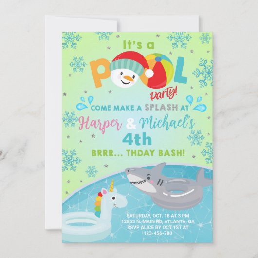 Siblings indoor winter pool party birthday invite. 招待状 (正面)