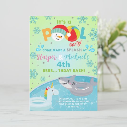 Siblings indoor winter pool party birthday invite. 招待状 (スタンド正面)