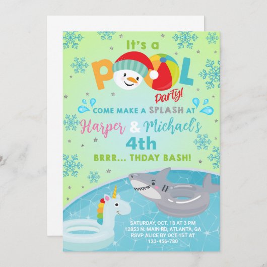 Siblings indoor winter pool party birthday invite. 招待状 (正面/裏面)