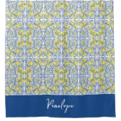 Sicilian Lemon Blue Majolica Tile Shower Curtain シャワーカーテン (正面)