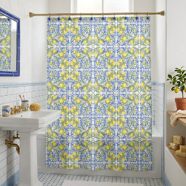 Sicilian Lemon Blue Majolica Tile Shower Curtain シャワーカーテン