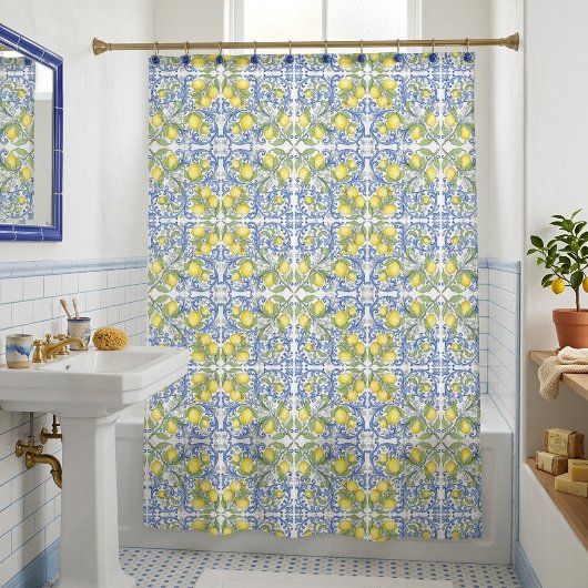 Sicilian Lemon Blue Majolica Tile Shower Curtain シャワーカーテン