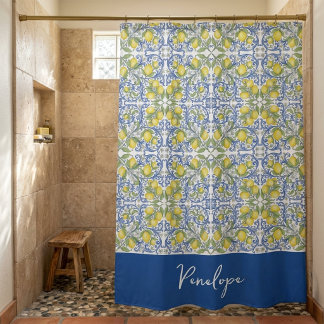 Sicilian Lemon Blue Majolica Tile Shower Curtain シャワーカーテン