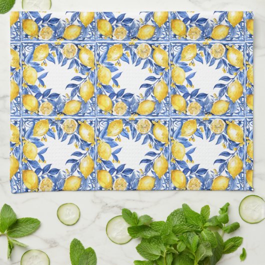 Sicilian Lemon Tiles Pattern Mediterranean Dolce キッチンタオル (折り畳み)