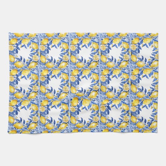 Sicilian Lemon Tiles Pattern Mediterranean Dolce  キッチンタオル (横)