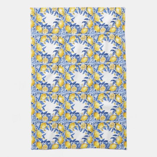 Sicilian Lemon Tiles Pattern Mediterranean Dolce キッチンタオル (縦)