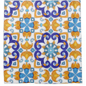 Sicilian Vibrant Majolica Scrollwork Mediterranean シャワーカーテン (正面)