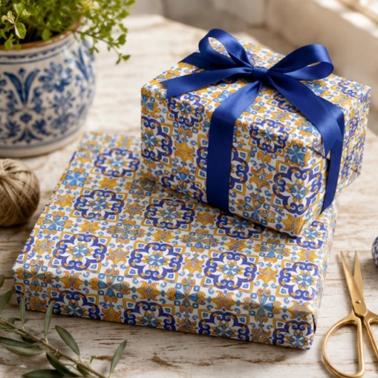 Sicilian Vibrant Majolica Scrollwork Mediterranean ラッピングペーパー
