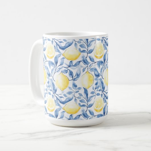 Sicily Italian Rustic Blue Leaves Lemons  コーヒーマグカップ (正面左)