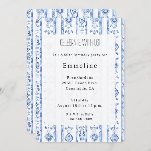 Sicily Italian Rustic Blue Stripes Birthday 招待状 (正面/裏面)