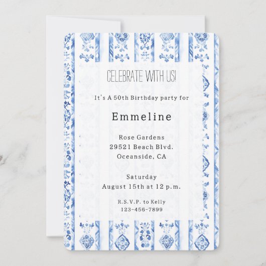 Sicily Italian Rustic Blue Stripes Birthday 招待状 (正面)